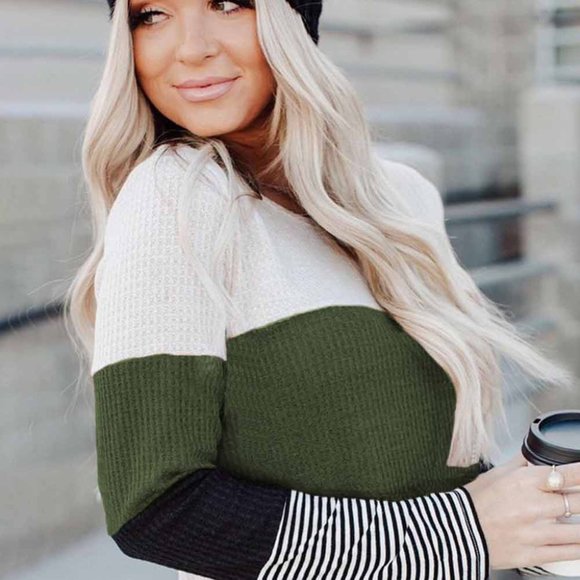 Green Stylish Colorblock Splicing Stripes Top - Picture 4 of 6